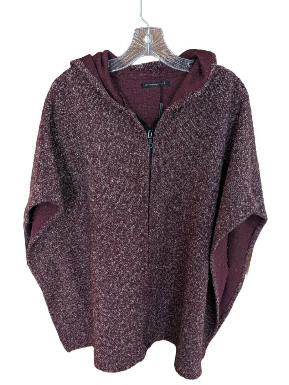 Do Everything In Love Poncho Zipper Shawl Hooded Burgundy Red White Boucle OSFM